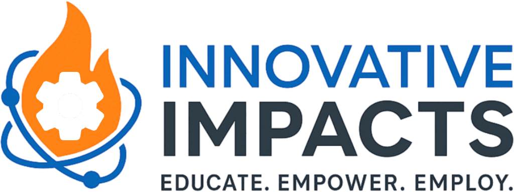 Innovative Impacts logo, featuring a flame, a 6 toothed gear, and an atomic shell with the words Innovative Impacts Educate. Empower. Employ